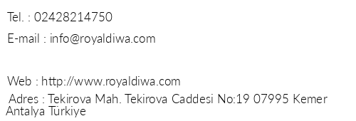 Royal Diwa Tekirova Hotel telefon numaralar, faks, e-mail, posta adresi ve iletiim bilgileri